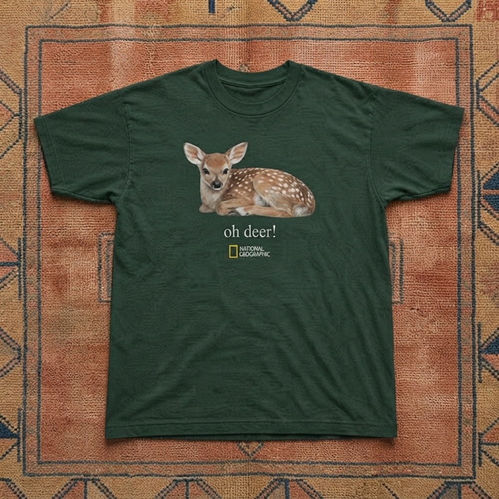 Gildan Dark Green "Oh Deer" National Geographic Fawn Graphic Tee